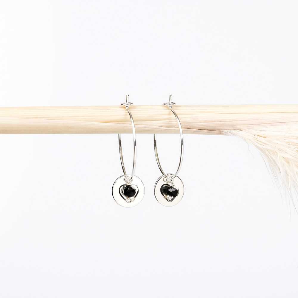 Boucles d'oreilles - Créoles - Onyx - Plaqué argent - LOVE